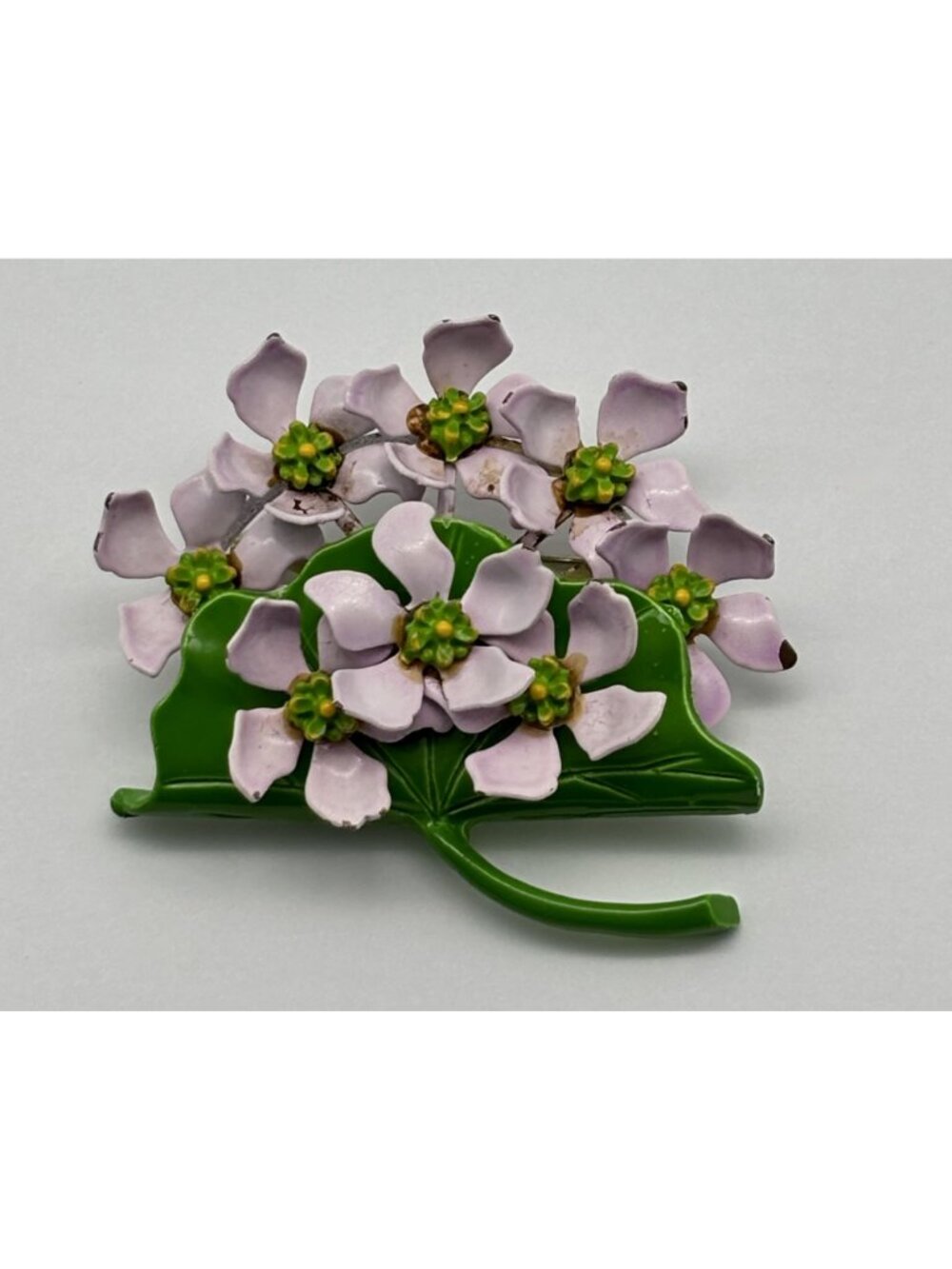 Vintage Enamel Flower Brooch And Clip-On Earrings Dimensional Flowers Pink Green - Picture 15 of 16